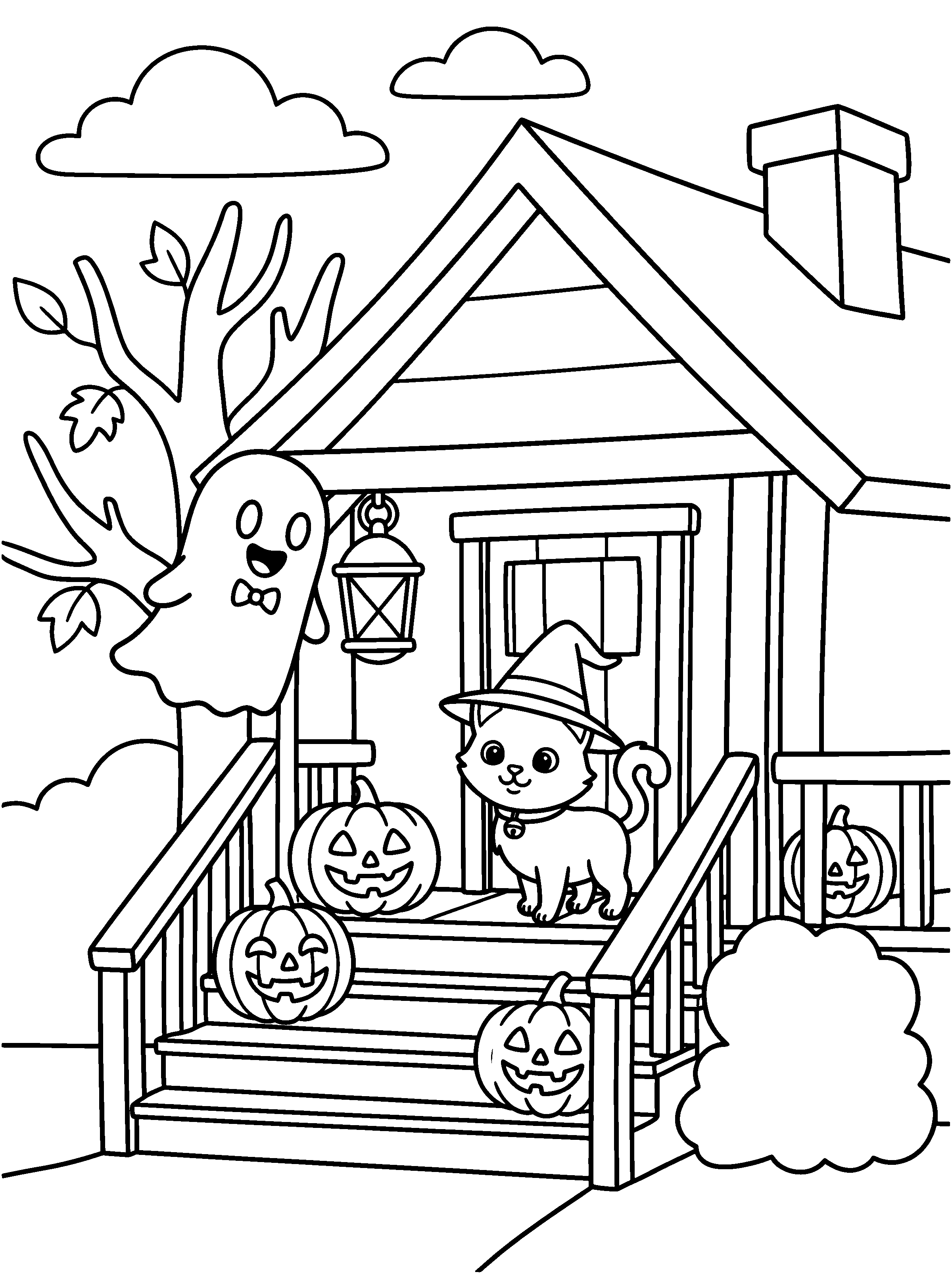 A Witch Hat for Mo: Mo wears a little pointy witch hat and Pip laughs. Black and white coloring page.