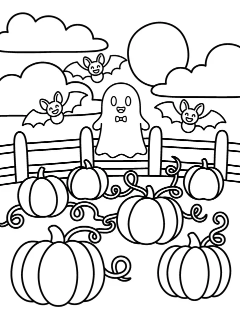 Flying with the Bats: Pip flies under the full moon with three small smiling bats, coloring page