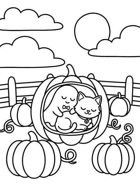 Goodnight, Pip: Pip and Mo curl up asleep inside a big hollow pumpkin, coloring page