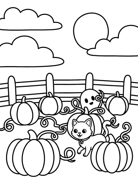 Hide and Seek: Pip hides behind one big pumpkin with only his face peeking out, and Mo the cat sneaks up and finds him (only one Pip), coloring page