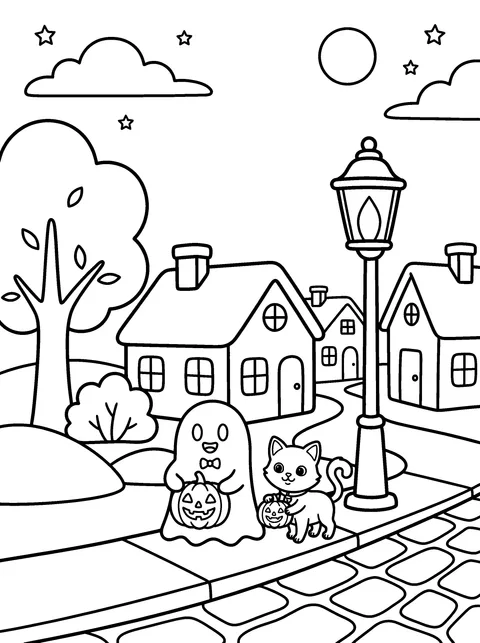 The Lantern Parade: Pip and Mo march down the street holding pumpkin lanterns, coloring page
