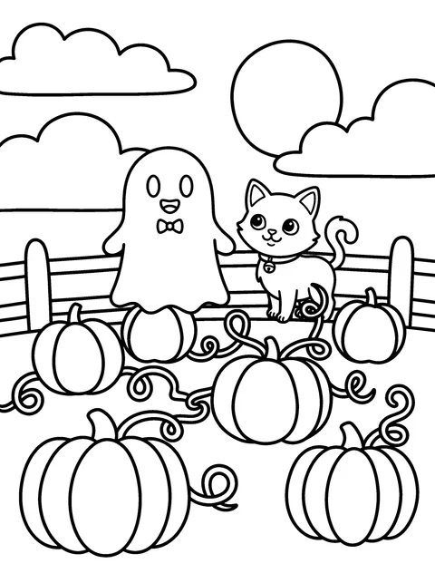 Moon Watching: Pip and Mo sit on the fence looking at the big full moon, coloring page