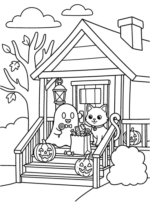 Sharing Sweets: Pip and Mo sit on the porch steps sharing sweets from the bag, coloring page