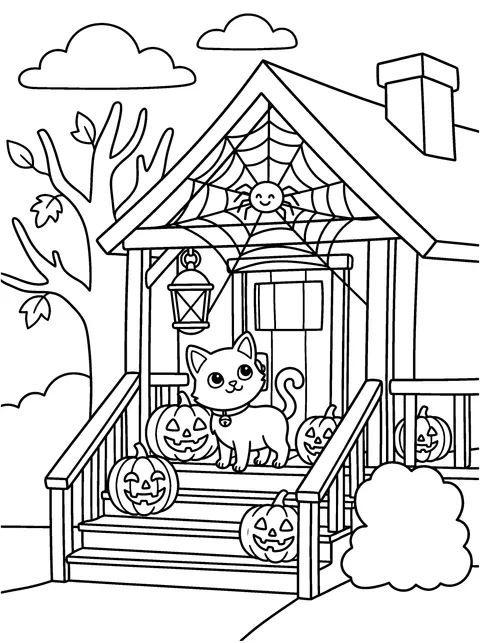 The Friendly Spider: Mo looks up at a big round spider web on the porch with a tiny smiling spider in it, coloring page