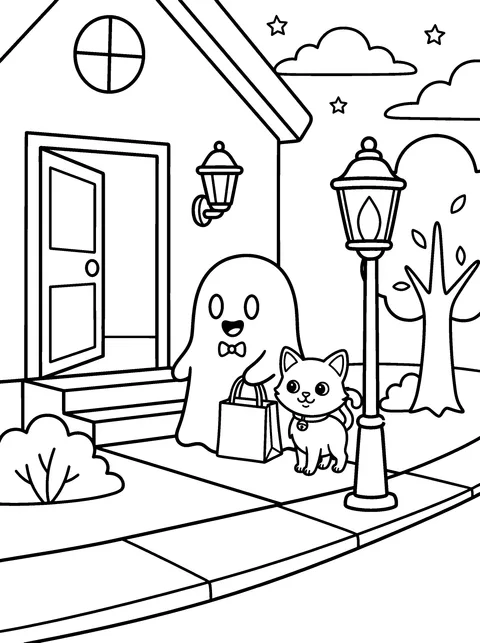 Trick or Treat!: Pip and Mo stand at a front door holding a sweets bag, saying trick or treat, coloring page