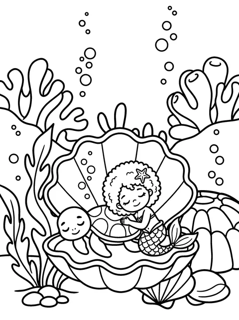 Goodnight, Sea: Marina and Shelly sleep in a giant open clam shell, coloring page