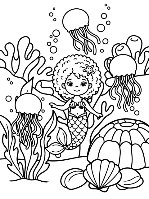 Jellyfish Dance: Marina dances with three round jellyfish, coloring page