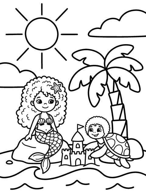 Sandcastle Day: Marina sits on a rock by the beach while Shelly builds a sandcastle, coloring page