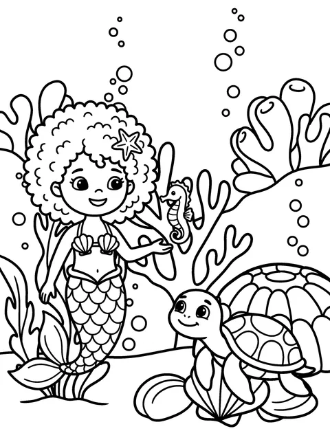 The Little Seahorse: Marina holds out her hand to a tiny seahorse while Shelly watches, coloring page