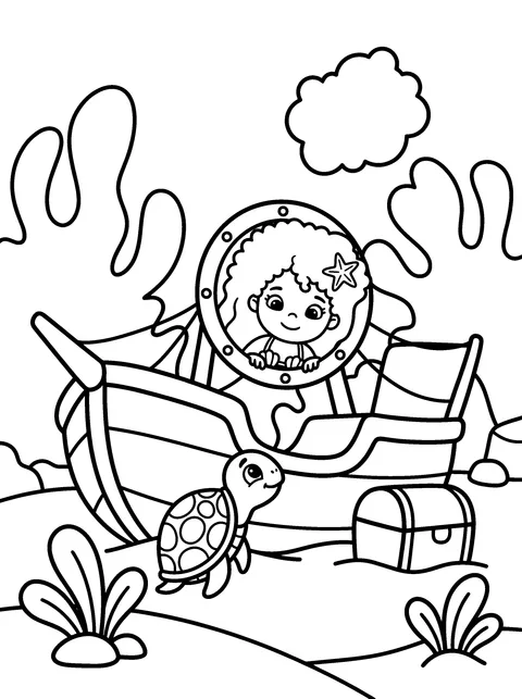 Ship Explorers: Mermaid and Ocean Coloring Page