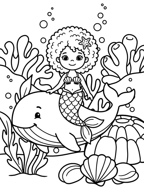 A Whale of a Ride: Marina rides on the back of a big friendly whale, coloring page