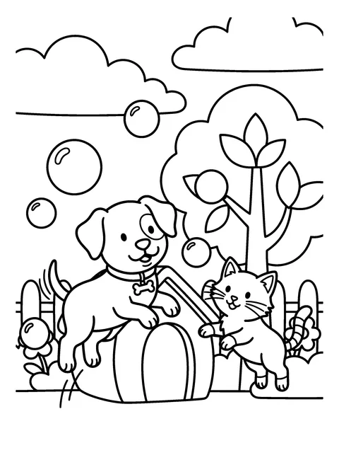 Chasing Bubbles: Puppy and Kitten Coloring Page