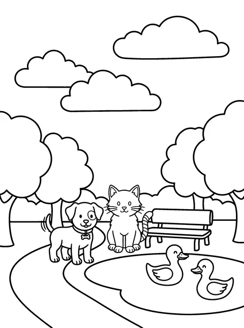 Hello, Ducks: Biscuit and Mittens say hello to two ducks at the pond, coloring page