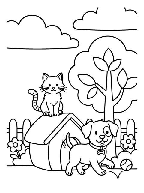 Fetch!: Puppy and Kitten Coloring Page