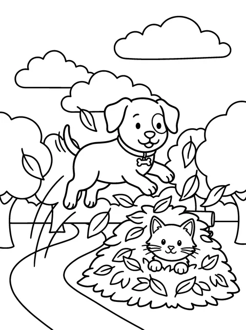The Leaf Pile: Biscuit jumps into a big pile of leaves and Mittens hides in it, coloring page
