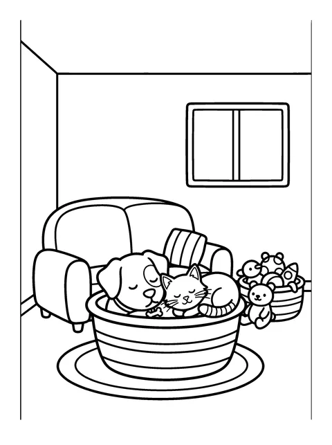 Nap Time: Biscuit and Mittens snuggle up asleep in a basket, coloring page