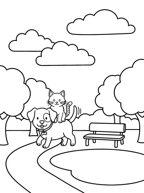 Walk in the Park: Puppy and Kitten Coloring Page