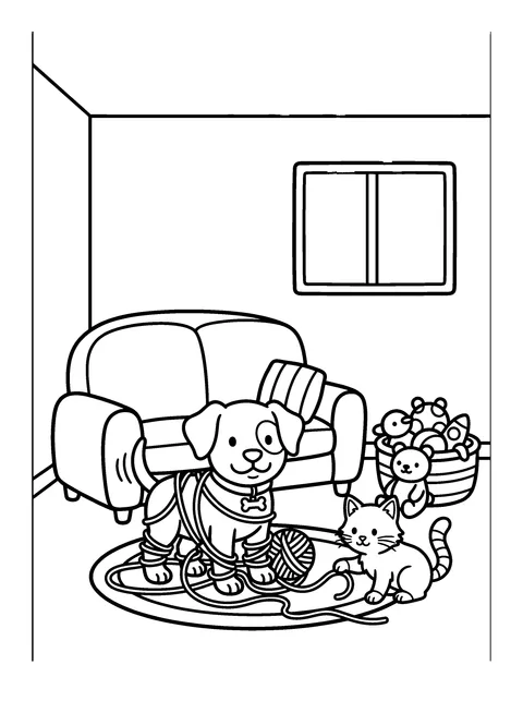 The Yarn Ball: Puppy and Kitten Coloring Page