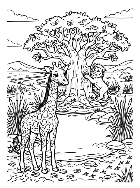 The Baobab Tree: Kito climbs the roots of the giant baobab tree while Zara watches, coloring page