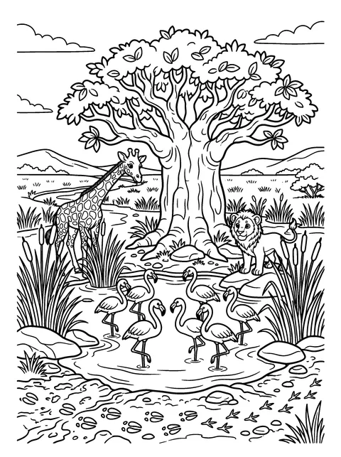 Flamingo Friends: Kito and Zara watch a flock of flamingos standing on one leg in the water, coloring page
