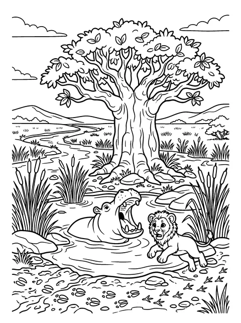 The Big Yawn: A hippo yawns hugely in the waterhole and Kito jumps back in surprise, coloring page