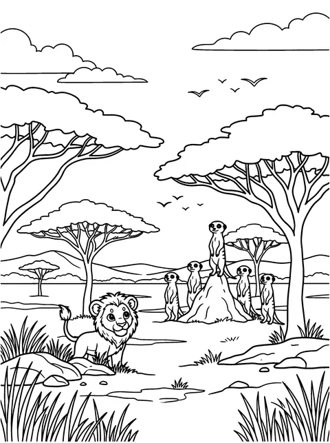 Meerkat Lookout: Kito peeks at a row of meerkats standing on a termite mound, coloring page