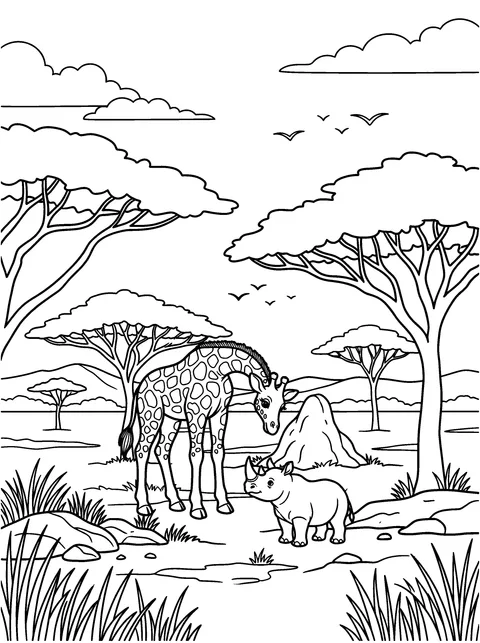 A Gentle Rhino: Zara bends her long neck to say hello to a rhino, coloring page