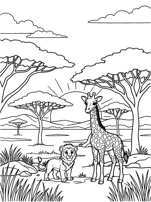 Savanna Sunset: Kito and Zara watch the sun set behind the acacia trees, coloring page