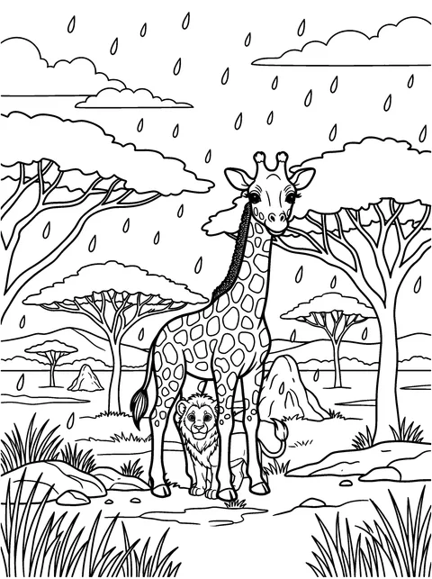 Rain on the Savanna: Kito shelters under Zara as rain falls on the savanna, coloring page
