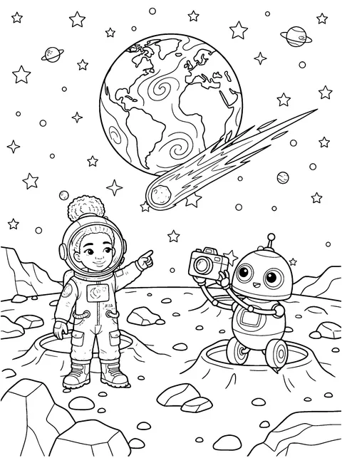 Catch the Comet: Ava points at a comet with a long tail while Bolt takes a picture, coloring page