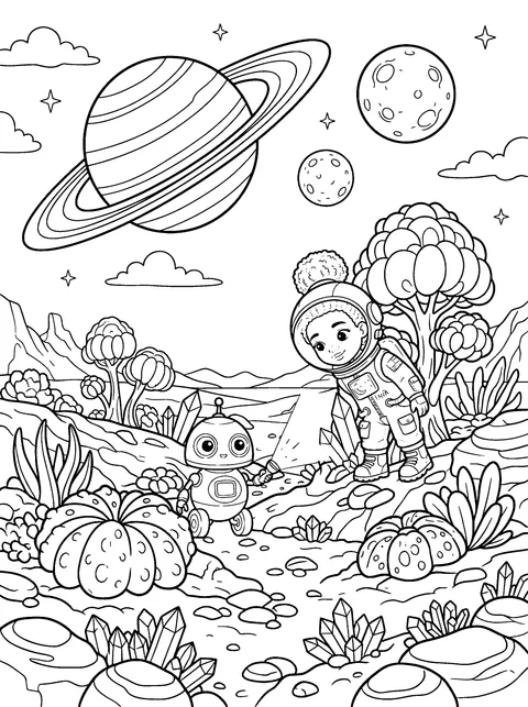 The Crystal Garden: Ava looks at giant crystals while Bolt shines his torch, coloring page