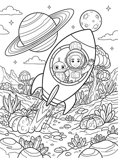 Home Again: Ava and Bolt wave goodbye from the rocket heading home, coloring page
