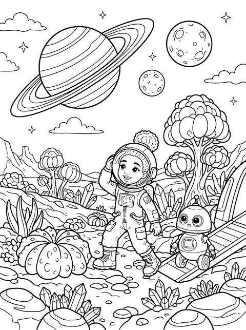 A New Planet: Ava and Bolt step onto the alien planet, amazed, coloring page