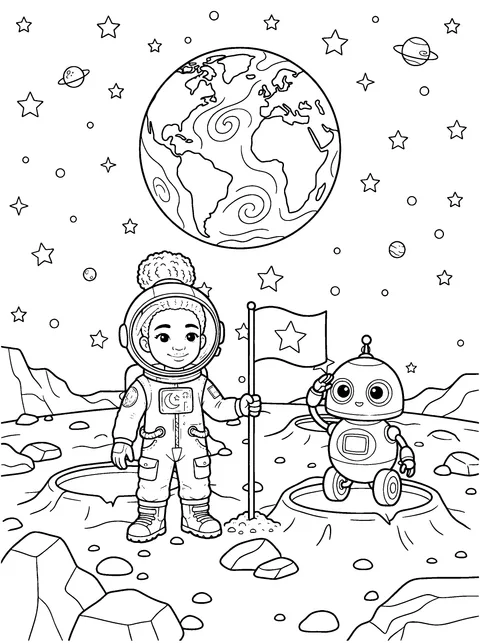 Planting the Flag: Space Coloring Page