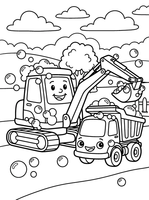 Bath Time: Digby and Tipper get washed with big soap bubbles, coloring page