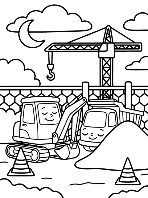 Goodnight, Trucks: Digby and Tipper sleep side by side under the moon at the building site, coloring page