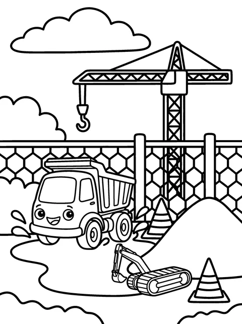 Muddy Wheels: Tipper splashes through a big puddle and Digby laughs, coloring page