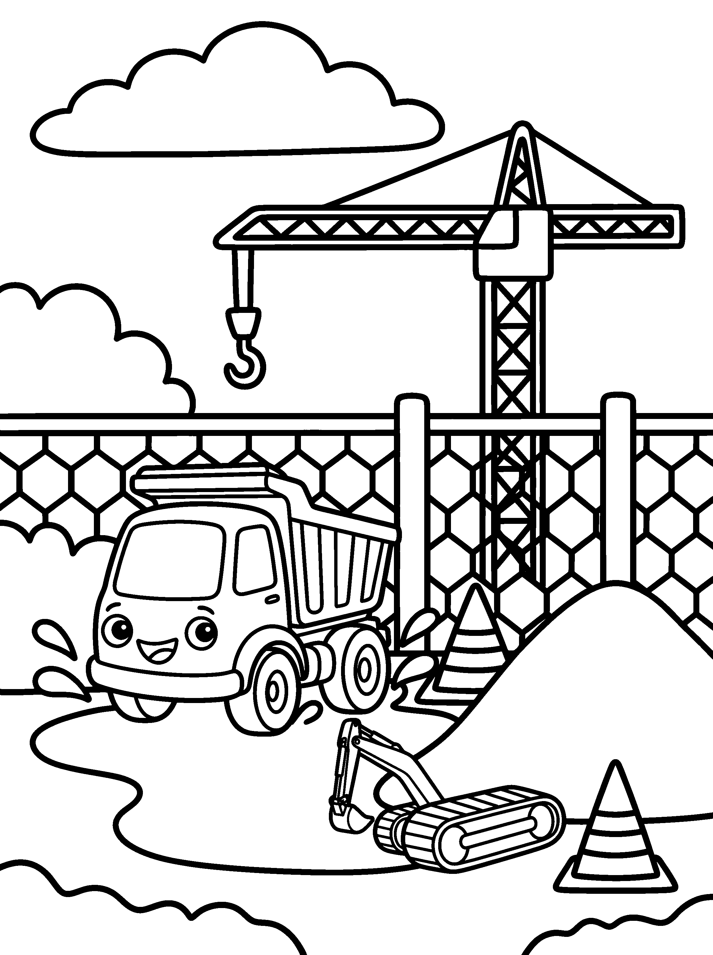 Muddy Wheels: Tipper splashes through a big puddle and Digby laughs. Black and white coloring page.
