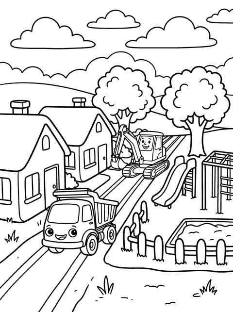 On the Road: Tipper drives down the town road with Digby following, coloring page