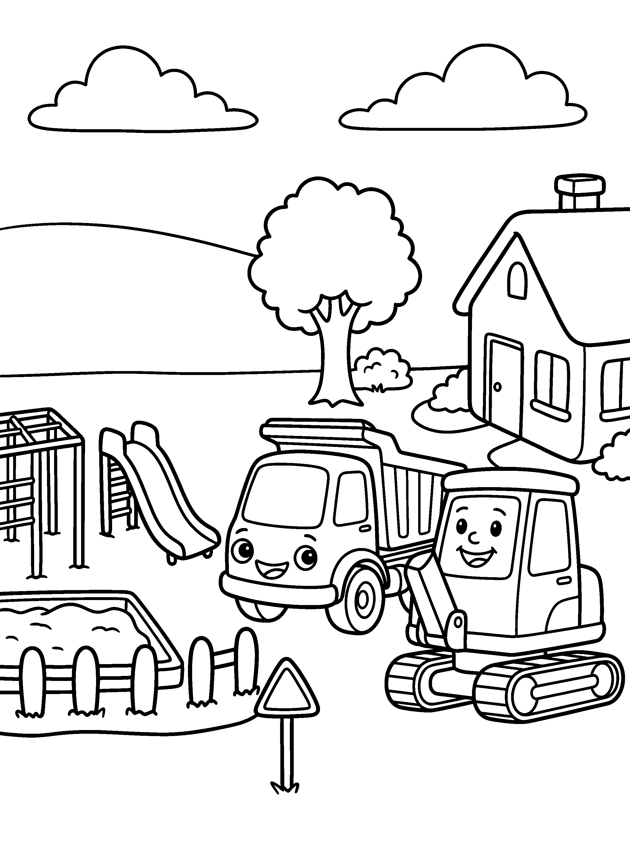 All Done!: Digby and Tipper proudly look at the finished playground. Black and white coloring page.