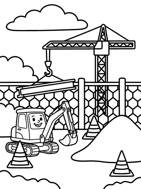 The Tall Crane: Digby and Tipper look up at the tall crane lifting a beam, coloring page