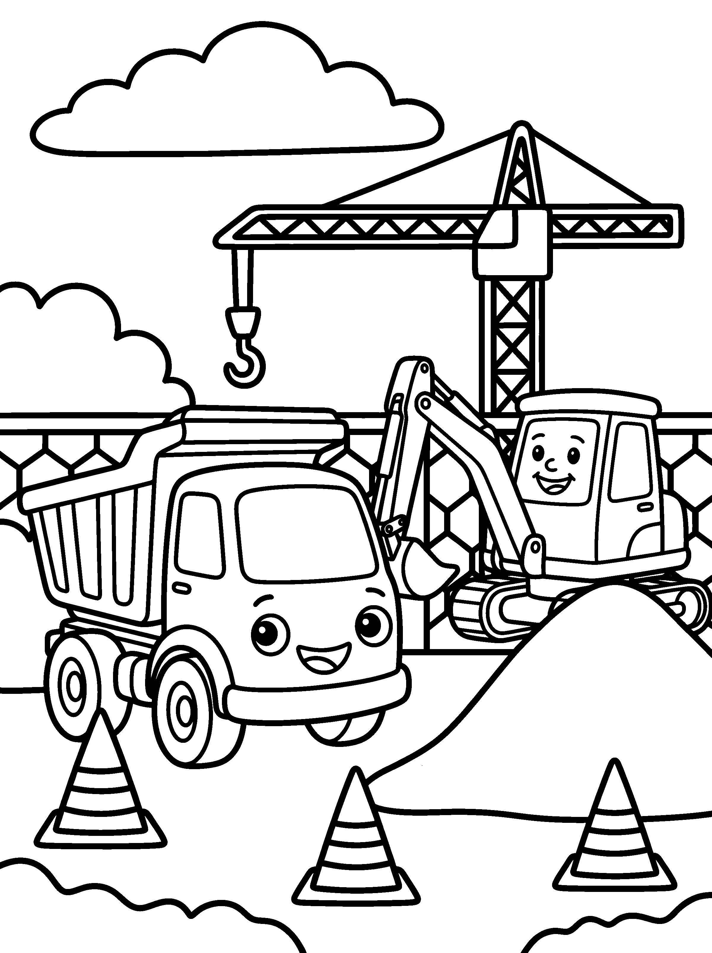 Around the Cones: Tipper drives carefully around the traffic cones while Digby watches. Black and white coloring page.