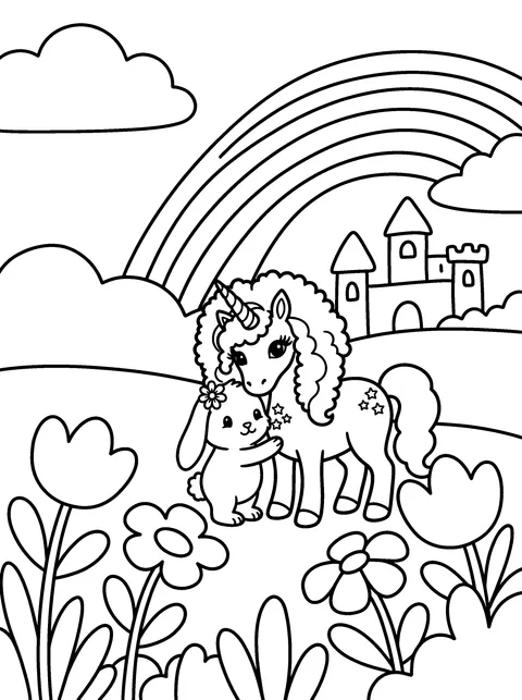 Bunny Hug: Luna bends down and Bibi gives her a big hug, coloring page