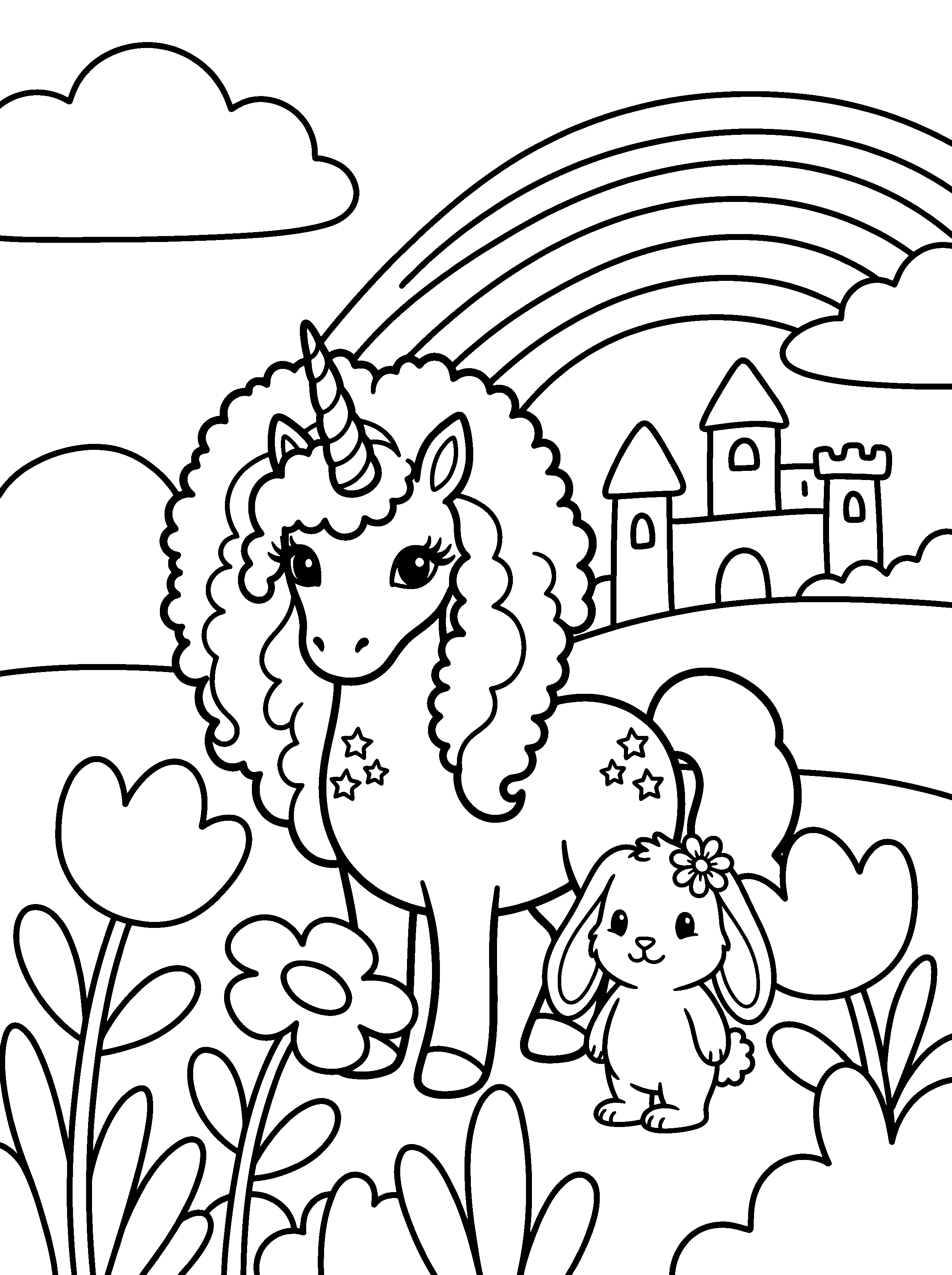 Meet Luna: Luna stands proudly in the meadow with Bibi beside her. Black and white coloring page.