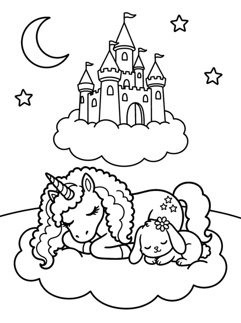 Sweet Dreams: Luna and Bibi sleep on a soft cloud under the moon, coloring page