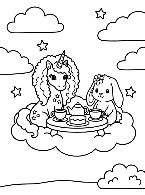 A Cloud Tea Party: Luna and Bibi have a tea party with cups and a cake on a cloud, coloring page