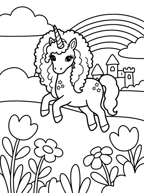 A Big Jump: Luna jumps high over a row of flowers, coloring page