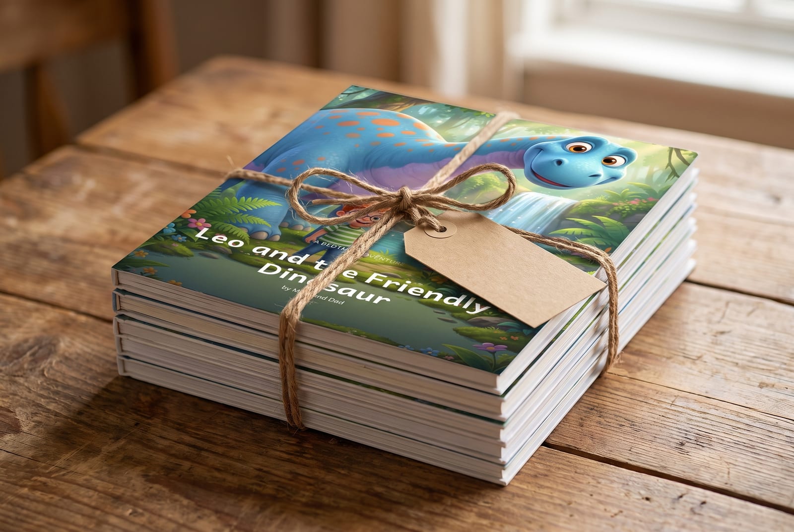 A stack of five printed copies tied with twine as a gift