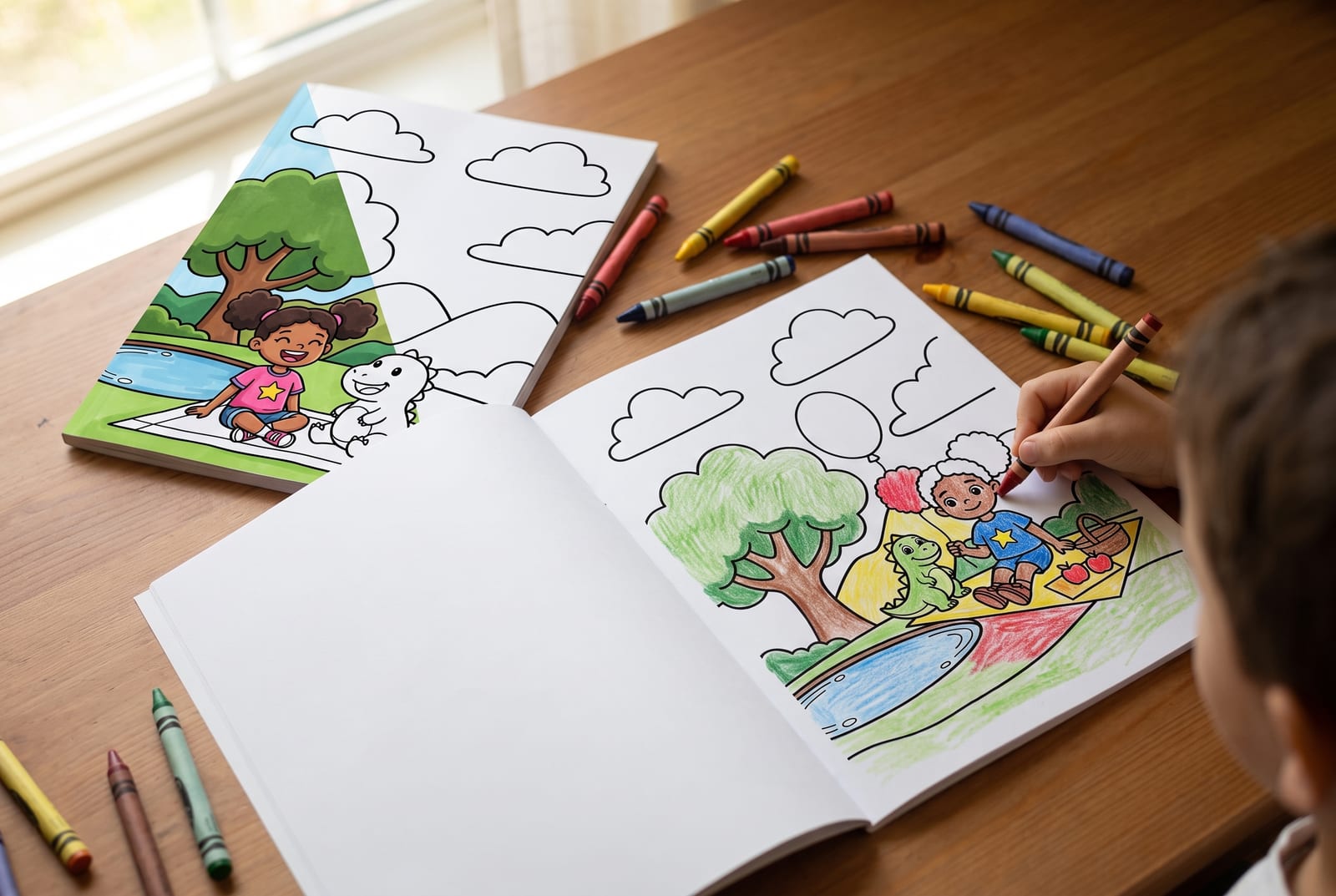 A printed coloring book open on a table, a page being coloured in with crayons