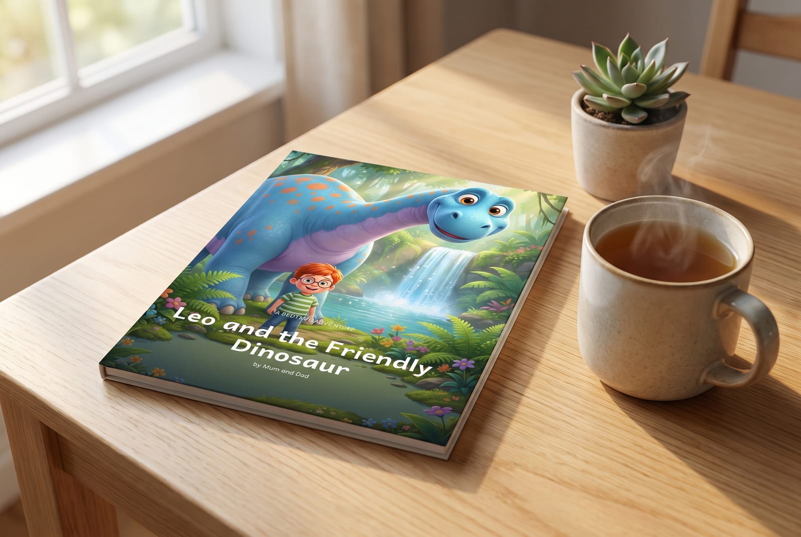 A printed paperback of Leo and the Friendly Dinosaur on a kitchen table